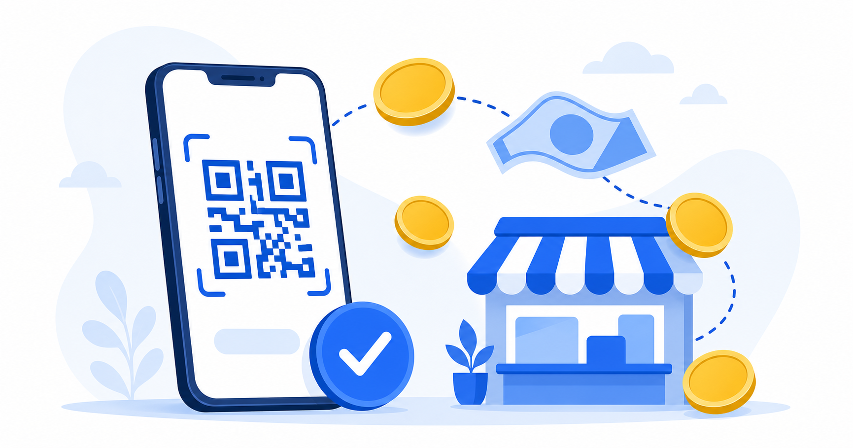 ภาพประกอบวิธีสร้าง QR พร้อมเพย์ให้ลูกค้าสแกนจ่ายเงินเข้าร้านค้า มือถือแสดง QR code ร้านค้าและเหรียญเงิน โทนน้ำเงิน